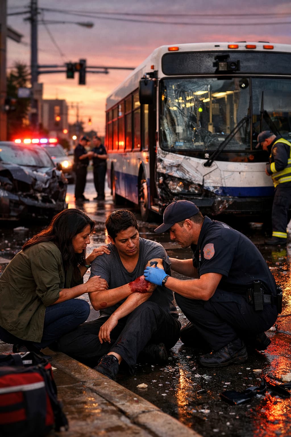 An injured man receiving medical assistance at the scene of a bus crash, with emergency responders, a damaged bus, and police vehicles in the background at dusk.
