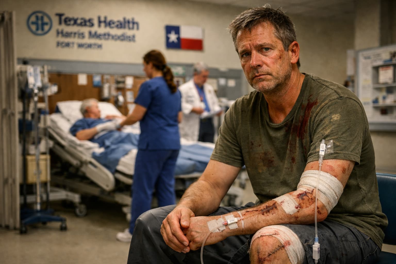 Injured man receiving medical treatment after car accident in Fort Worth hospital emergency room