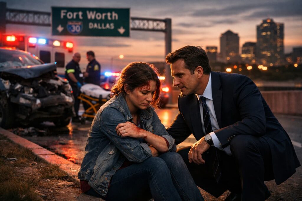A woman with visible injuries sitting on the roadside after a car accident, speaking with a man in a suit, while emergency responders and damaged vehicles are present in the background.