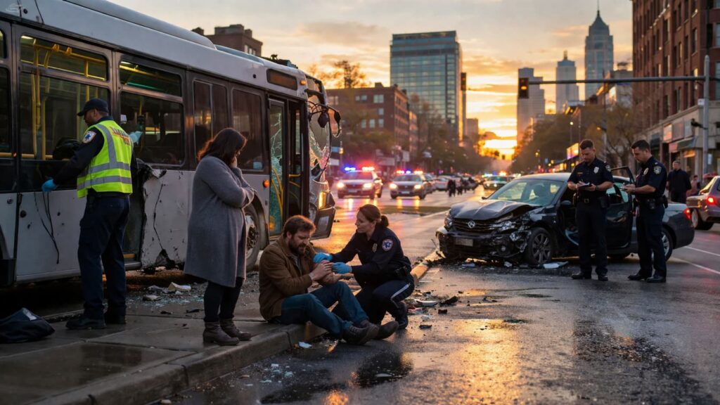 Fort Worth bus accident scene with injured victim receiving medical help after city bus and car crash, police and damaged vehicles present