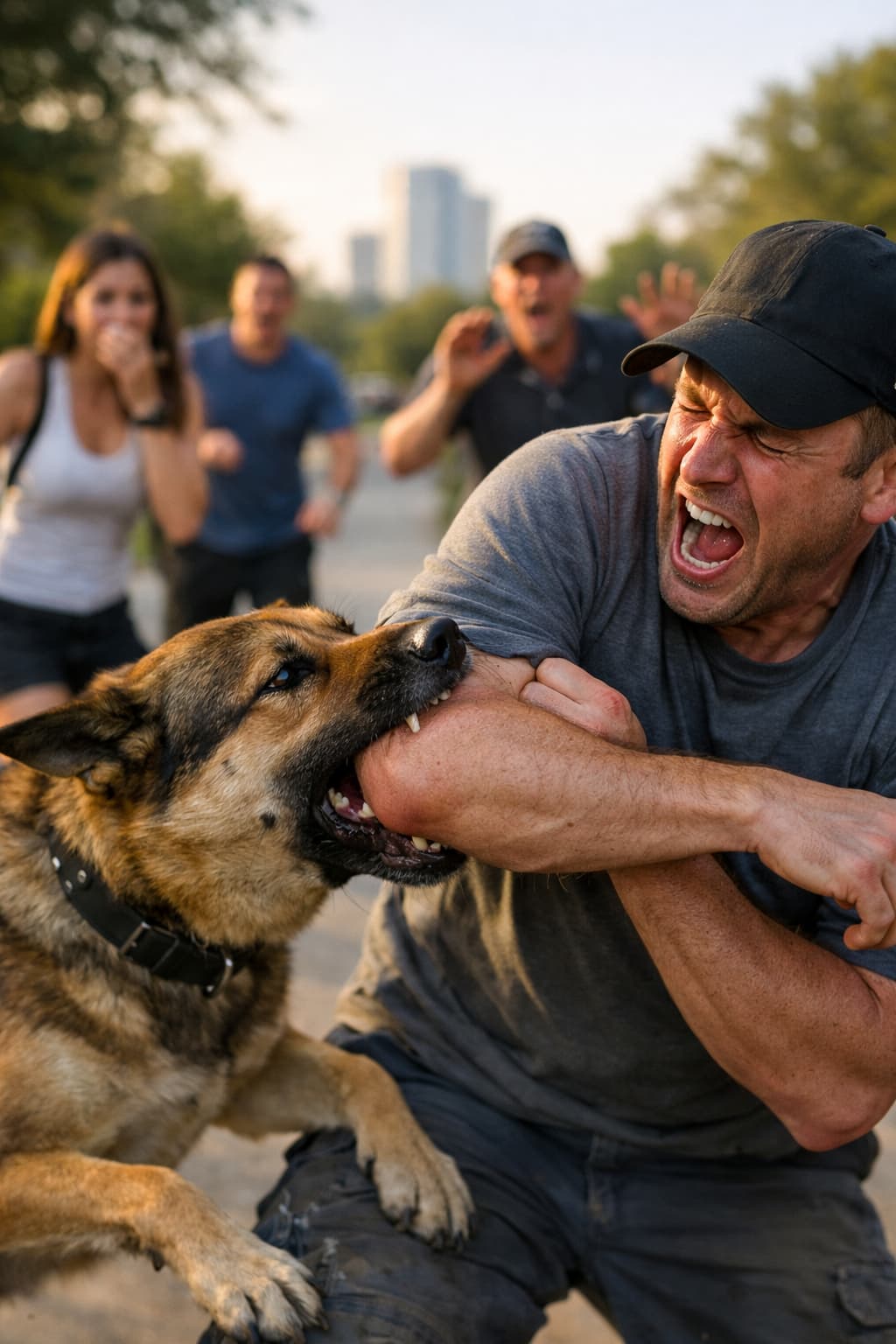 A dog biting a man’s arm in a park while the man reacts in pain, with bystanders in the background looking shocked and alarmed.