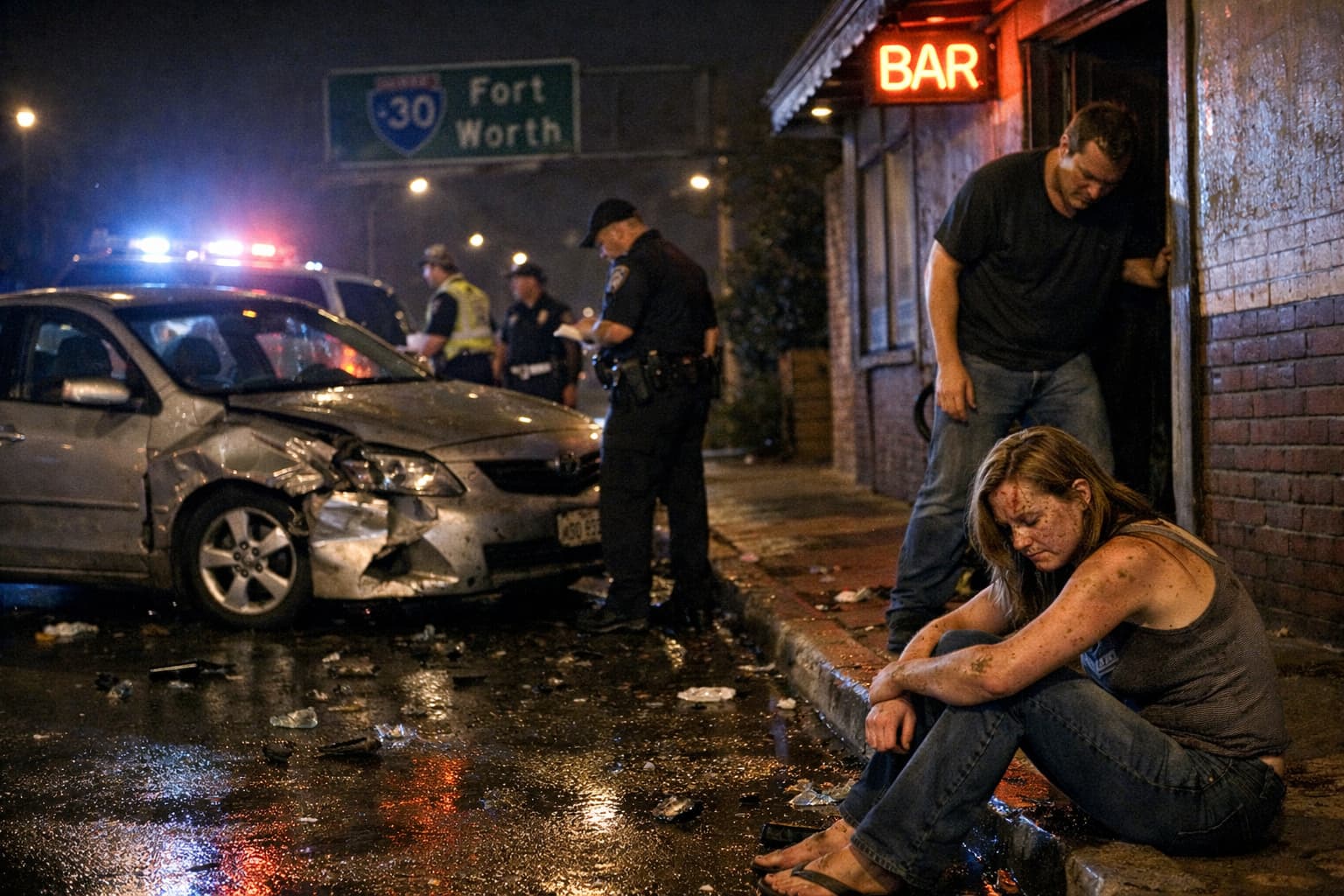 Injured woman sitting outside bar after drunk driving crash as police investigate damaged car in Fort Worth