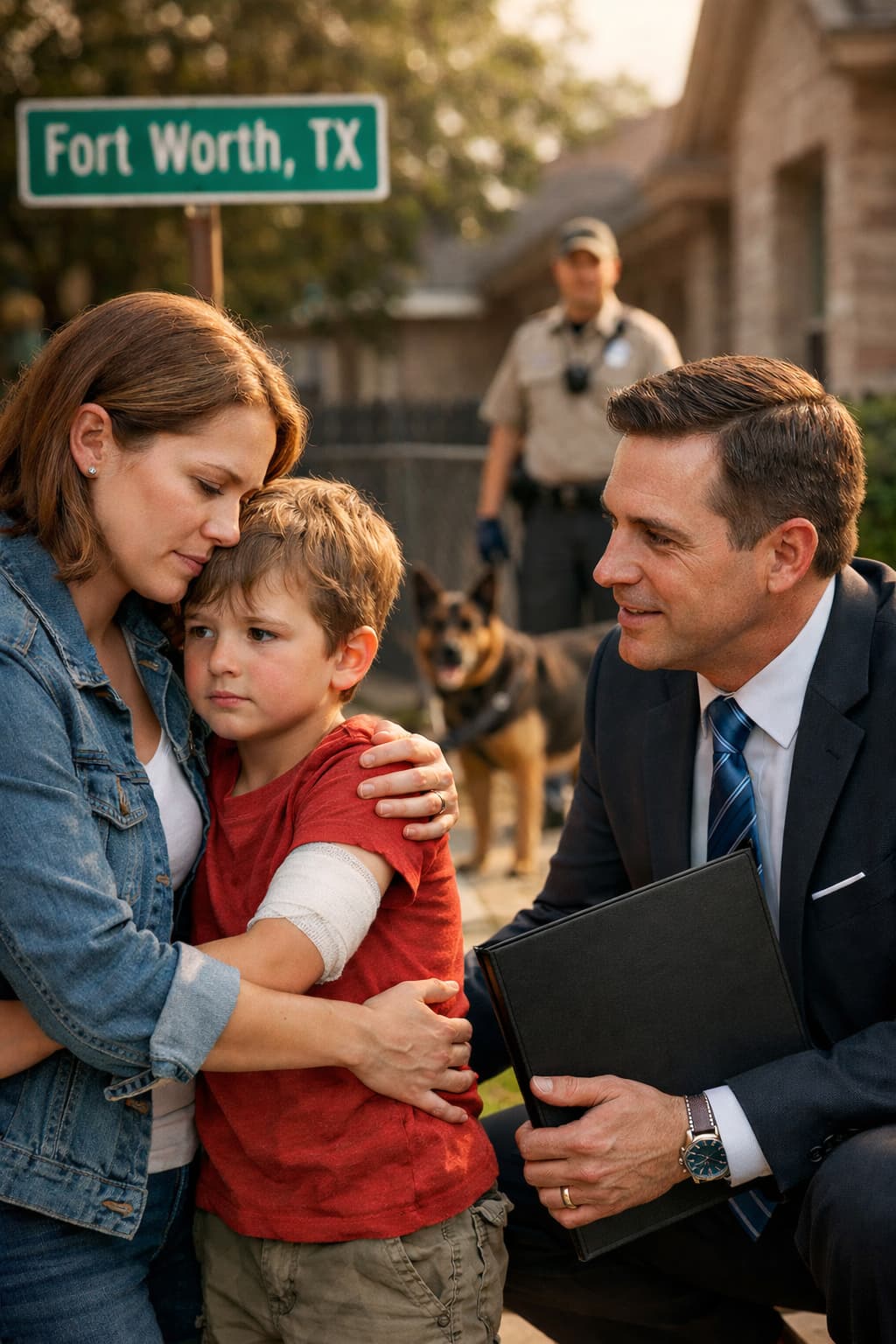 Fort Worth dog attack lawyer speaking with injured child and mother after dog bite incident with animal control and dog in background