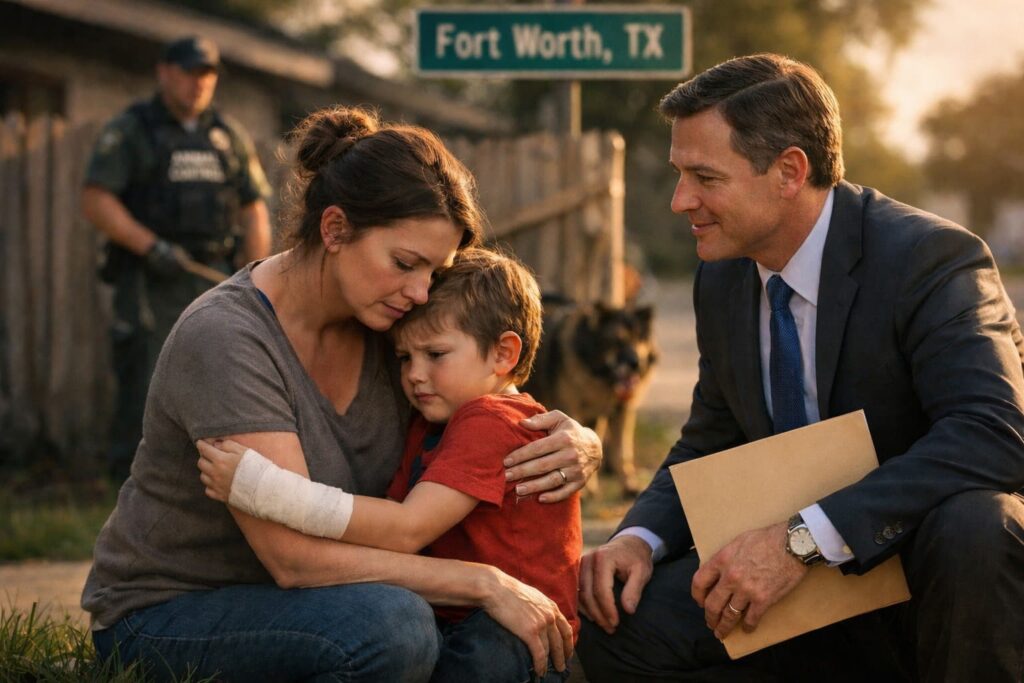 Fort Worth dog bite lawyer consulting injured child and mother after dog attack with animal control officer and dog in background