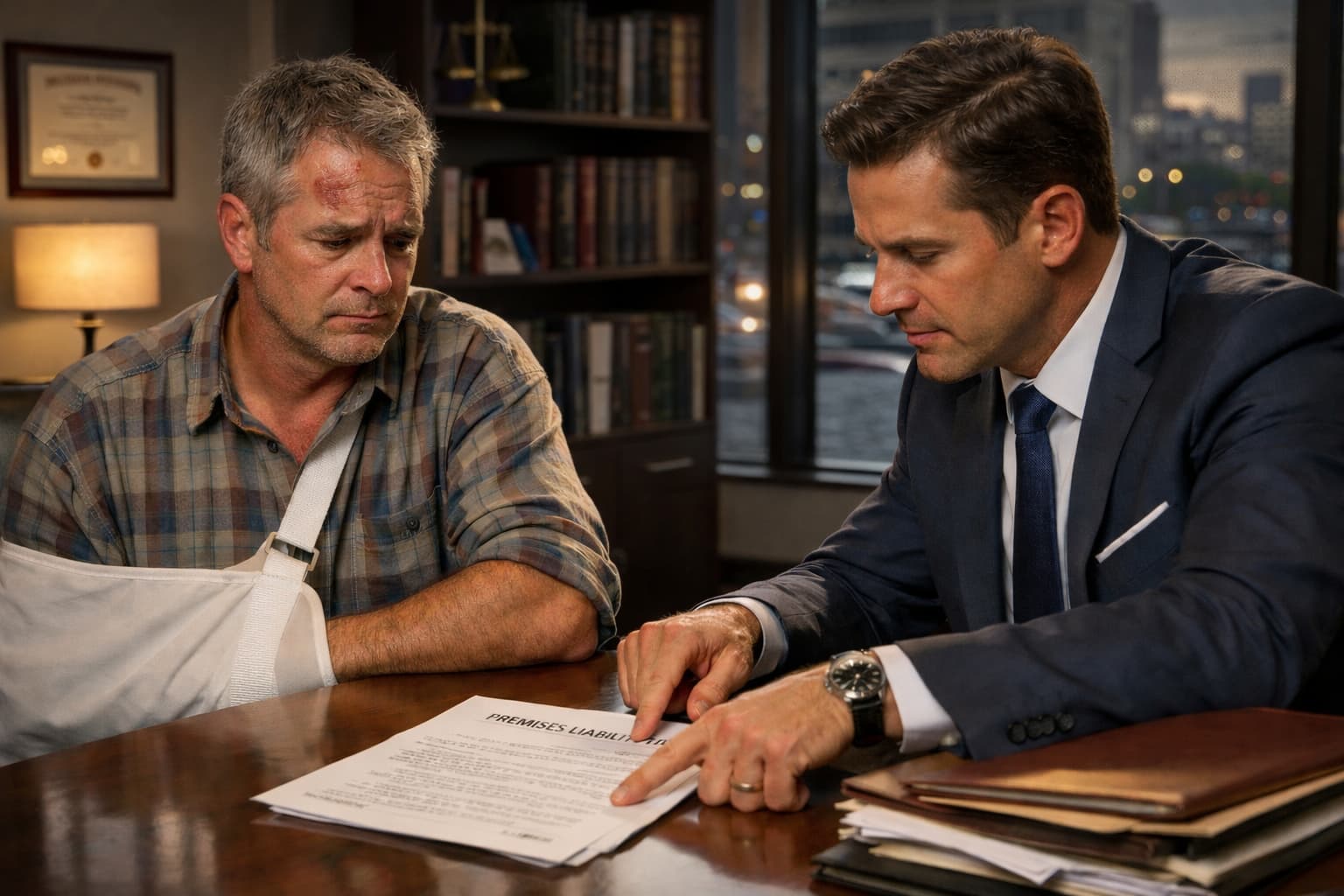 Fort Worth premises liability lawyer reviewing case with injured client