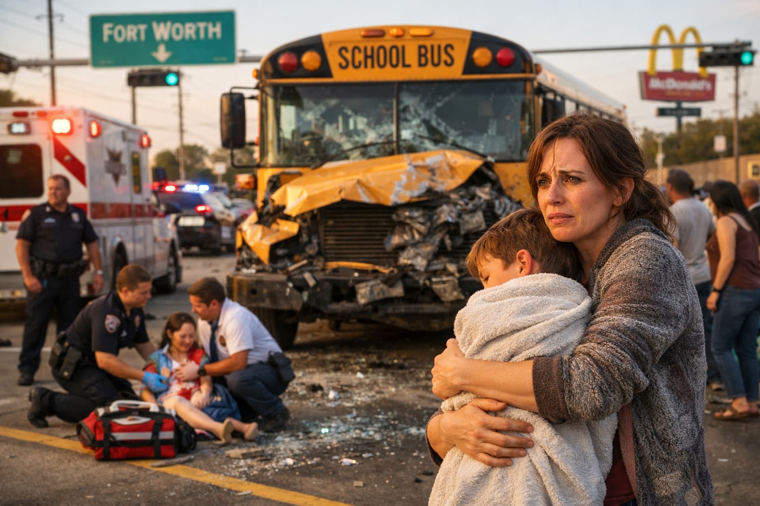 Mother holding child near damaged school bus after crash while emergency responders treat injured at Fort Worth intersection