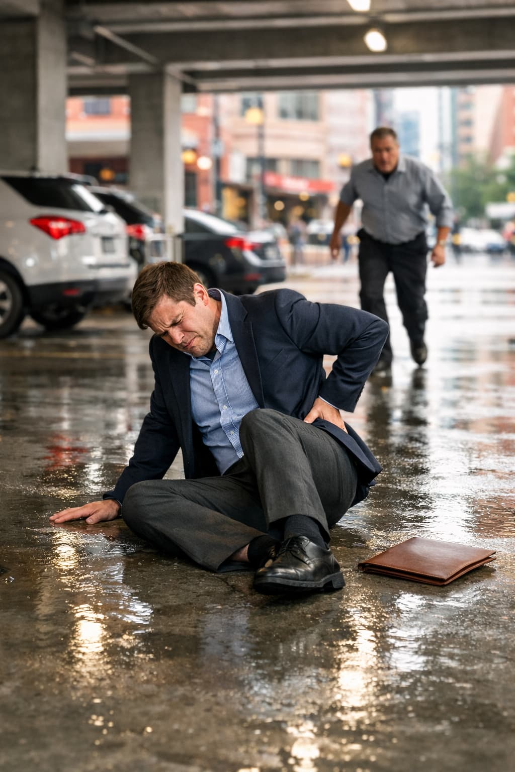 Fort Worth Slip and Fall Lawyer Man injured after slip and fall accident on wet surface in Fort Worth parking area