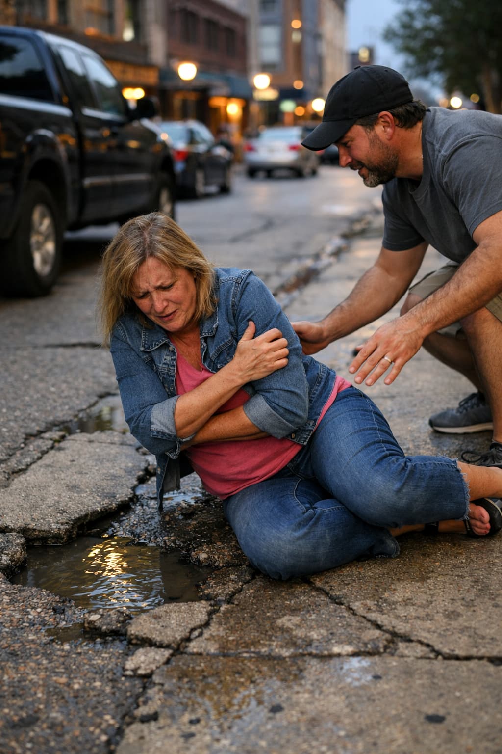 Fort Worth slip and fall injury victim on damaged pavement with bystander assisting