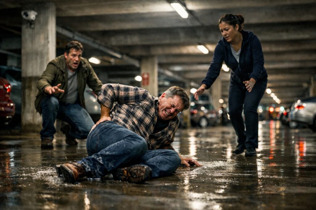 Fort Worth slip and fall injury on wet floor in parking garage with bystanders assisting