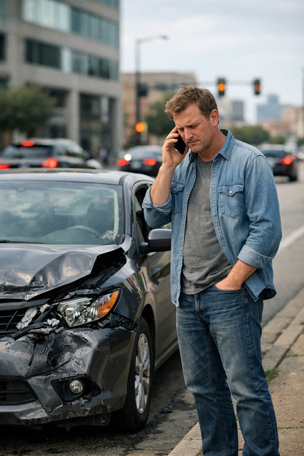 Man on phone after Fort Worth uninsured driver accident next to damaged car