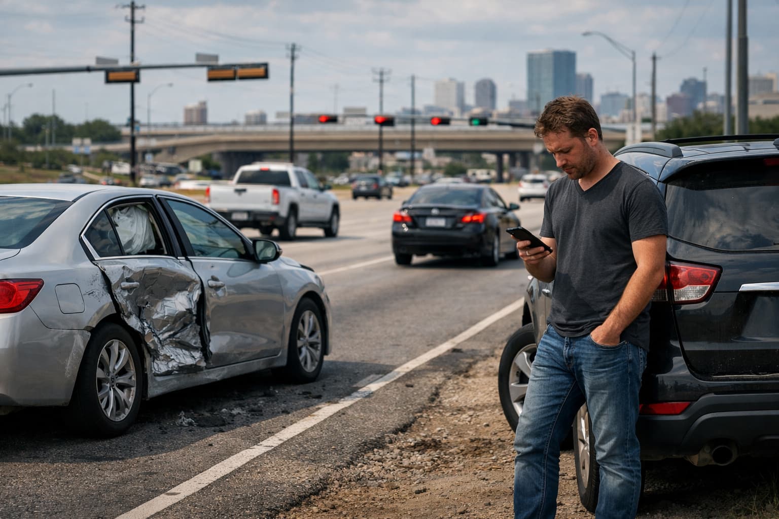 Man checking phone after Fort Worth uninsured driver car accident with damaged vehicle on road