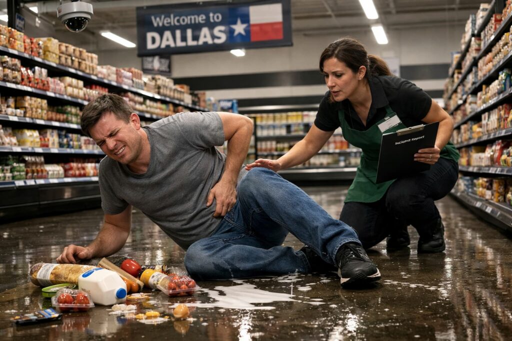 Man slipping on spilled liquid in a grocery store aisle while an employee assists him in Dallas