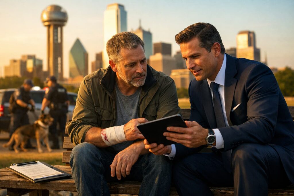 Two men sitting on a bench in front of a city skyline, one with a bandaged arm, reviewing information on a tablet while police officers and a dog stand in the background.