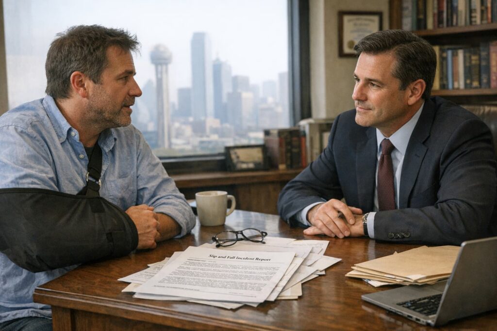 An injured man with his arm in a sling meeting with a lawyer in an office, discussing documents related to a slip and fall incident.