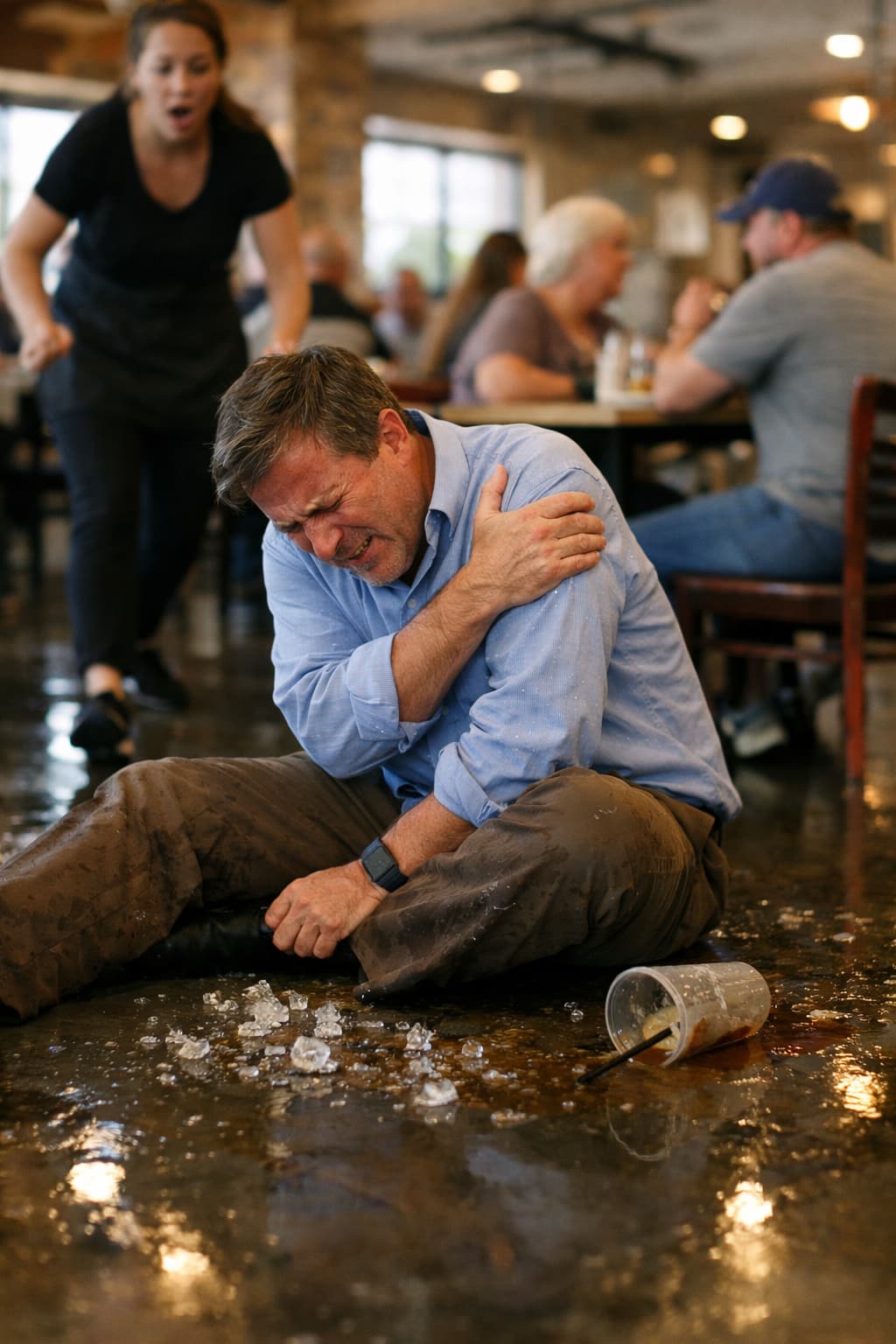A man sitting on a wet restaurant floor in pain after slipping, holding his shoulder, with spilled ice and a tipped drink nearby while a staff member reacts in the background.