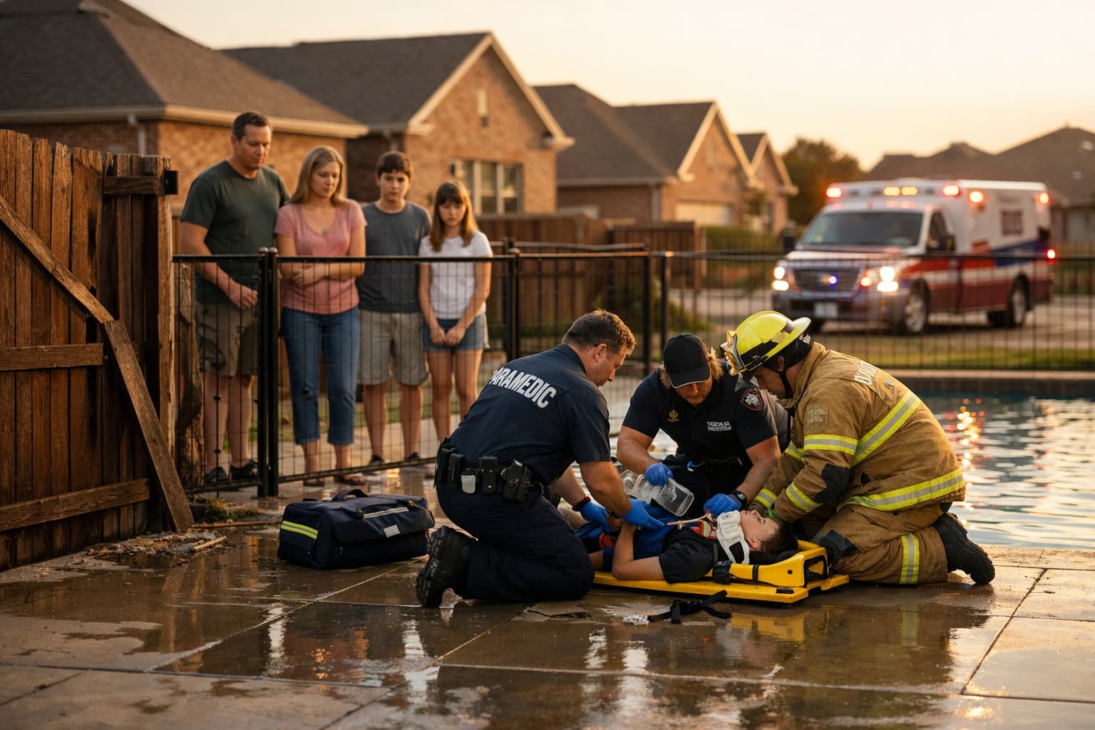Paramedics treating injured person after pool accident at Fort Worth home while family looks on, illustrating Texas premises liability law