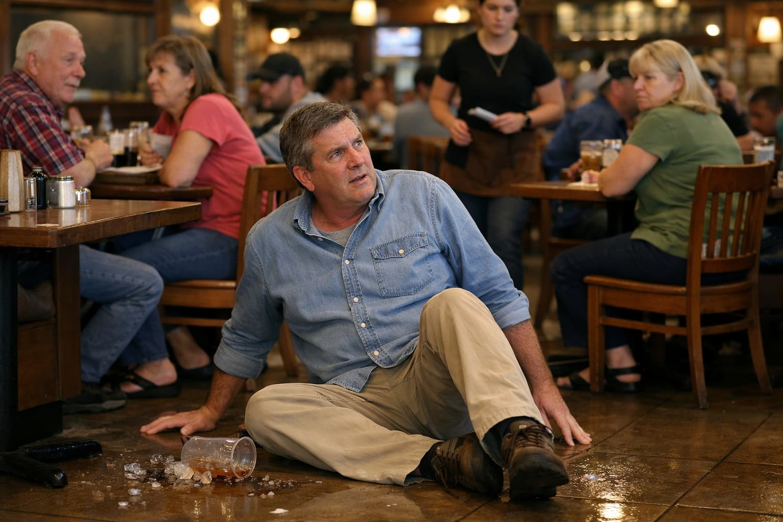Man sitting on restaurant floor after slip and fall accident in Fort Worth, illustrating Texas premises liability law